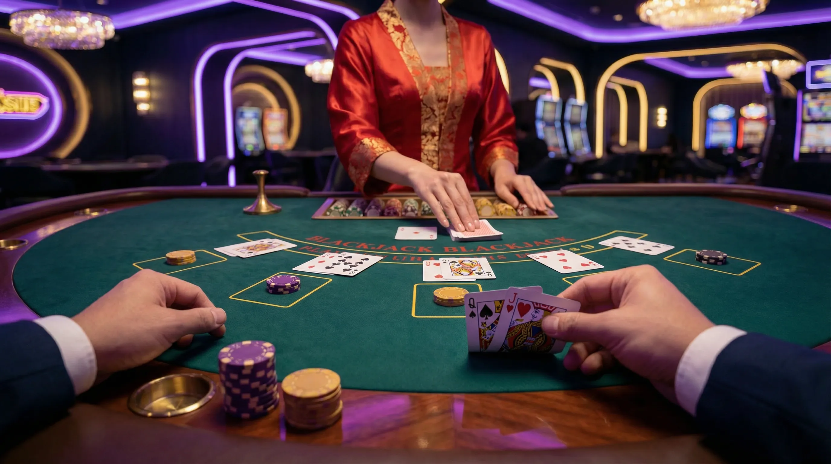 Mesa de blackjack stakebet com cartas e fichas de cassino
